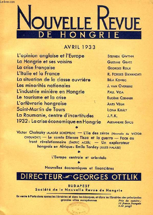 NOUVELLE REVUE DE HONGRIE, TOME XLVIII, 4e LIVRAISON, AVRIL 1933