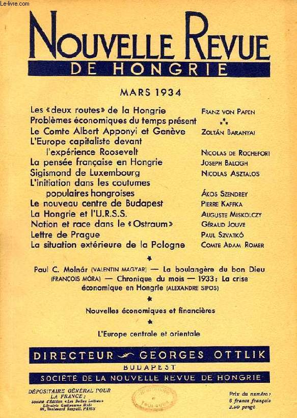 NOUVELLE REVUE DE HONGRIE, TOME L, 3e LIVRAISON, MARS 1934