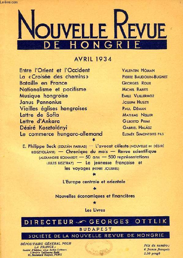 NOUVELLE REVUE DE HONGRIE, TOME L, 4e LIVRAISON, AVRIL 1934