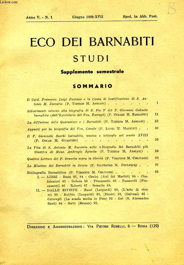 ECO DEI BARNABITI, STUDI, SUPPLEMENTO SEMESTRALE, ANNO V, N 1, GUIGNO 1939 - XVII