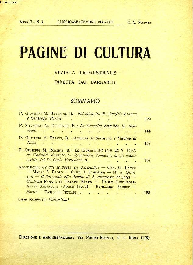 PAGINE DI CULTURA, RIVISTA TRIMESTRIALE DIRETTA DAI BARNABITI, ANNO II, N 3, LUGLIO-SETT. 1935 - XIII