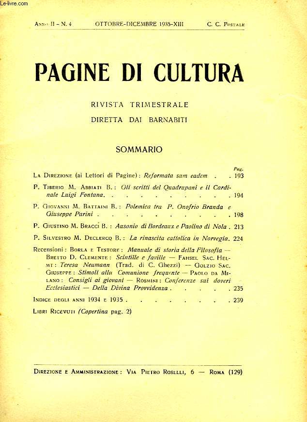 PAGINE DI CULTURA, RIVISTA TRIMESTRIALE DIRETTA DAI BARNABITI, ANNO II, N 4, OTT.-DIC. 1935 - XIII