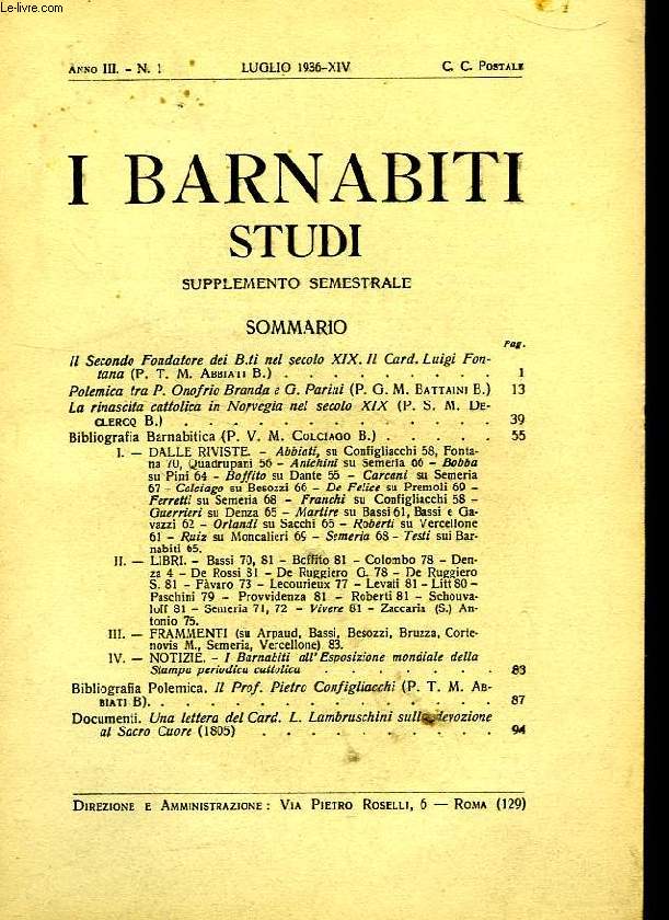 I BARNABITI, STUDI, SUPPLEMENTO SEMESTRALE, ANNO III, N 1, LUGLIO 1936 - XIV