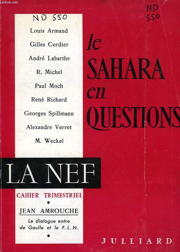 LA NEF, NOUVELLE SERIE, CAHIER N 1, JAN.-MARS 1960, LE SAHARA EN QUESTIONS
