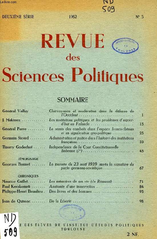 REVUE DES SCIENCES POLITIQUES, 2e SERIE, N 5, 1961