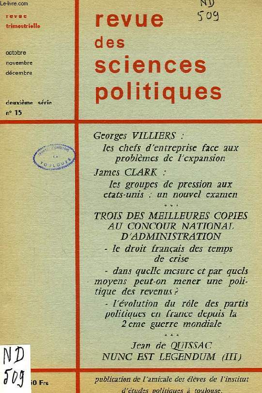 REVUE DES SCIENCES POLITIQUES, 2e SERIE, N 15, 1965
