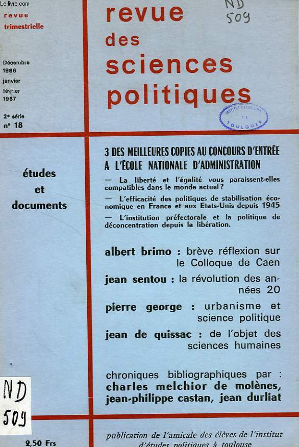 REVUE DES SCIENCES POLITIQUES, 2e SERIE, N 18, 1967, ETUDES ET DOCUMENTS