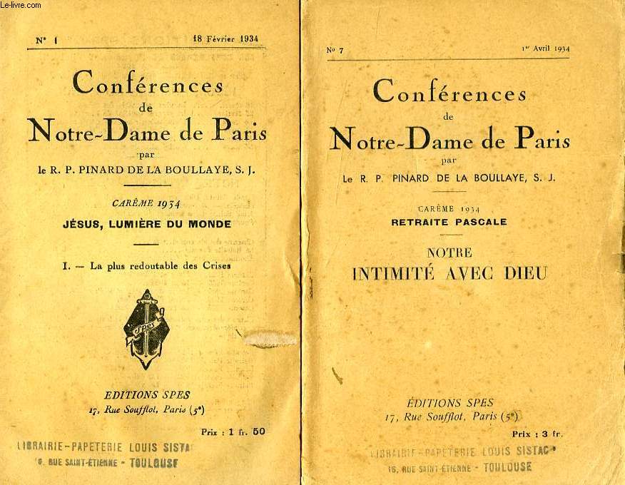 CONFERENCES DE NOTRE-DAME DE PARIS, CAREME 1934, JESUS, LUMIERE DU MONDE, 7 FASCICULES