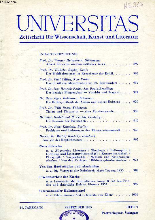 UNIVERSITAS, 10. JAHRGANG, HEFT 9, SEPT. 1955, ZEITSCHRIFT FUR WISSENSCHAFT, KUNST UND LITERATUR