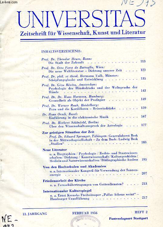 UNIVERSITAS, 11. JAHRGANG, HEFT 2, FEB. 1956, ZEITSCHRIFT FUR WISSENSCHAFT, KUNST UND LITERATUR