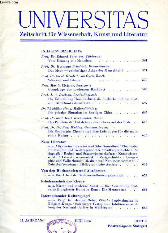 UNIVERSITAS, 11. JAHRGANG, HEFT 6, JUNI 1956, ZEITSCHRIFT FUR WISSENSCHAFT, KUNST UND LITERATUR