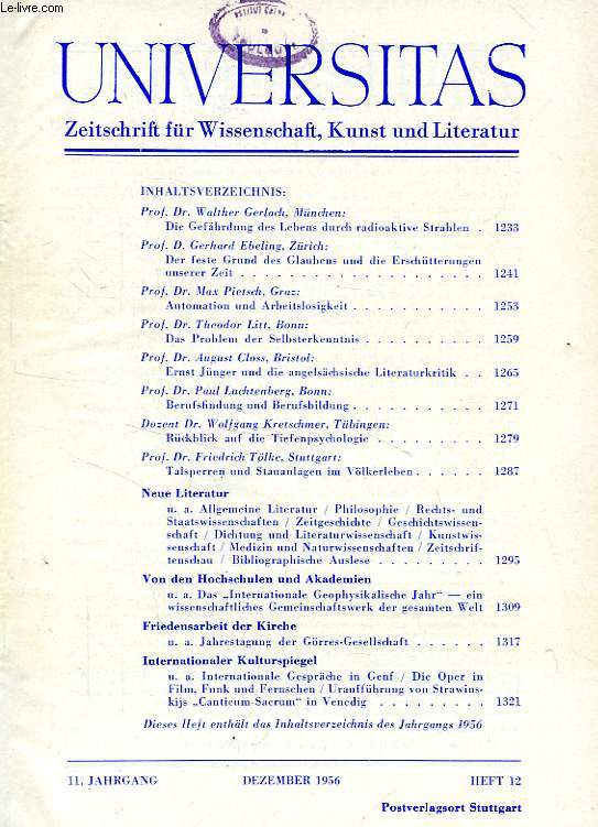 UNIVERSITAS, 11. JAHRGANG, HEFT 12, DEZ. 1956, ZEITSCHRIFT FUR WISSENSCHAFT, KUNST UND LITERATUR