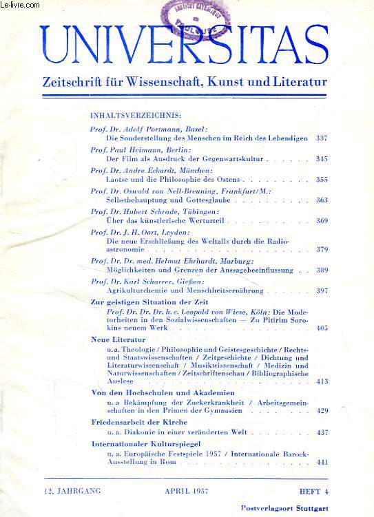 UNIVERSITAS, 12. JAHRGANG, HEFT 4, APRIL 1957, ZEITSCHRIFT FUR WISSENSCHAFT, KUNST UND LITERATUR