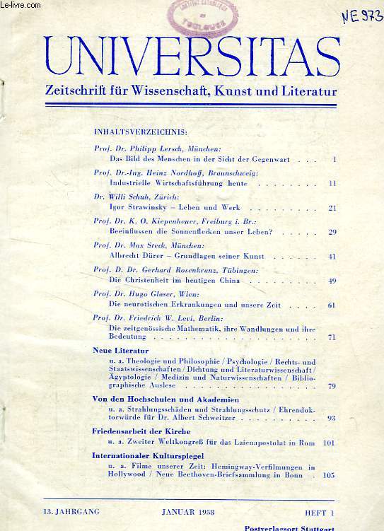 UNIVERSITAS, 13. JAHRGANG, HEFT 1, JAN. 1958, ZEITSCHRIFT FUR WISSENSCHAFT, KUNST UND LITERATUR