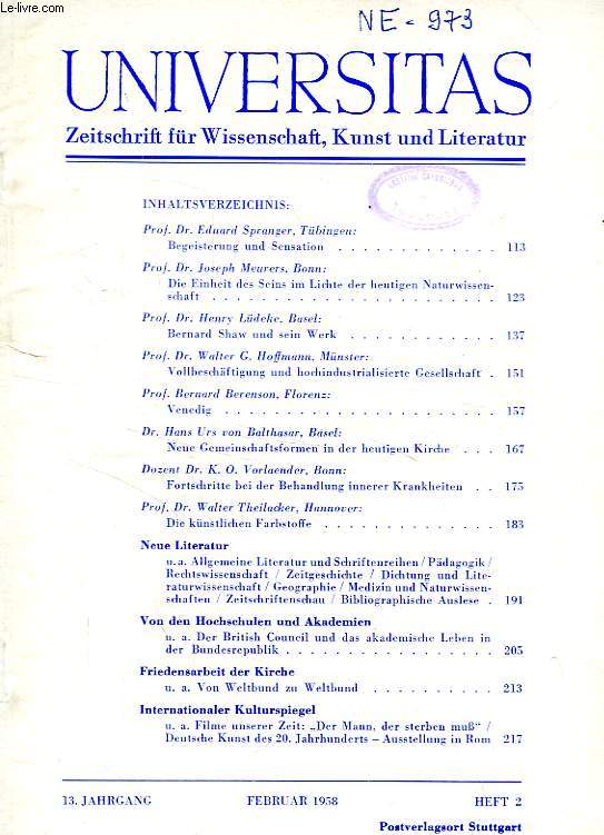 UNIVERSITAS, 13. JAHRGANG, HEFT 2, FEB. 1958, ZEITSCHRIFT FUR WISSENSCHAFT, KUNST UND LITERATUR