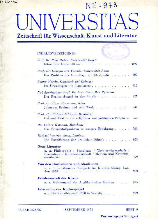 UNIVERSITAS, 13. JAHRGANG, HEFT 9, SEPT. 1958, ZEITSCHRIFT FUR WISSENSCHAFT, KUNST UND LITERATUR