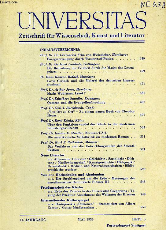 UNIVERSITAS, 14. JAHRGANG, HEFT 5, MAI 1959, ZEITSCHRIFT FUR WISSENSCHAFT, KUNST UND LITERATUR