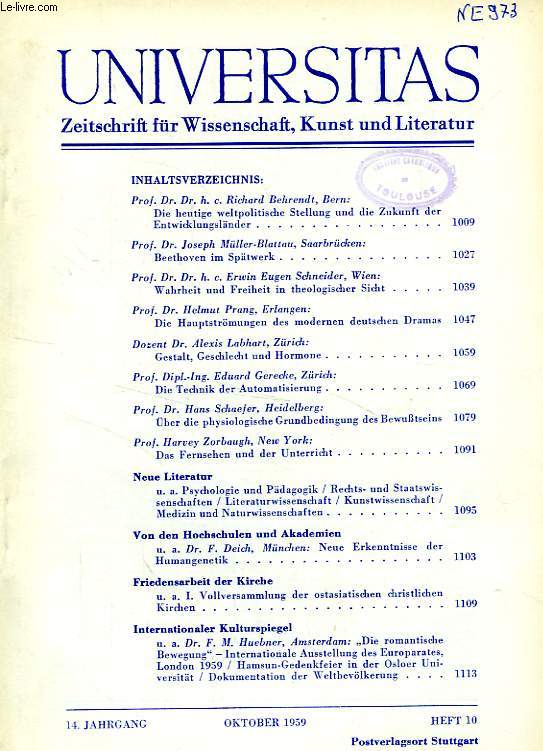 UNIVERSITAS, 14. JAHRGANG, HEFT 10, OKT. 1959, ZEITSCHRIFT FUR WISSENSCHAFT, KUNST UND LITERATUR