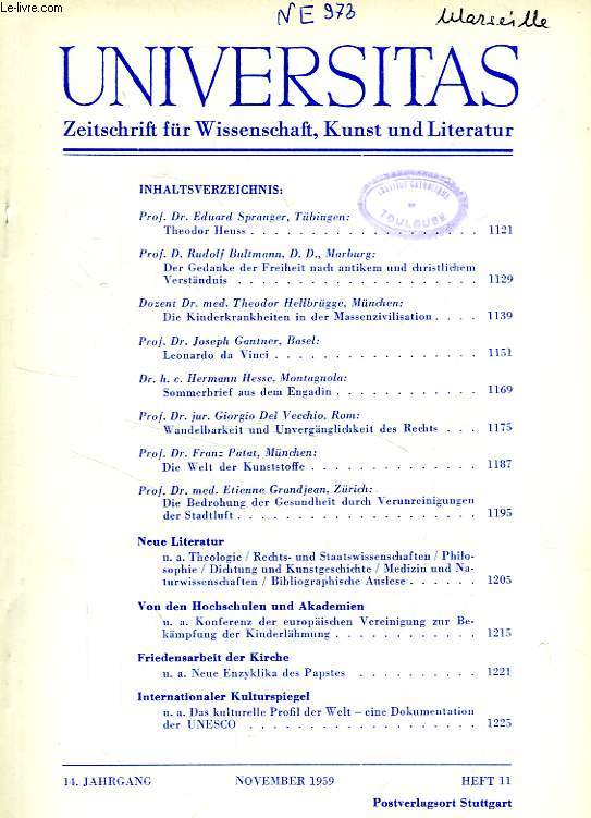 UNIVERSITAS, 14. JAHRGANG, HEFT 11, NOV. 1959, ZEITSCHRIFT FUR WISSENSCHAFT, KUNST UND LITERATUR