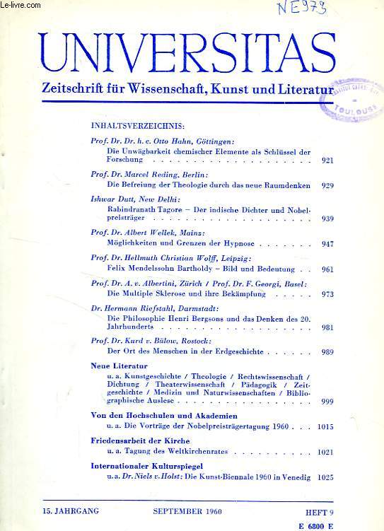 UNIVERSITAS, 15. JAHRGANG, HEFT 9, SEPT. 1960, ZEITSCHRIFT FUR WISSENSCHAFT, KUNST UND LITERATUR