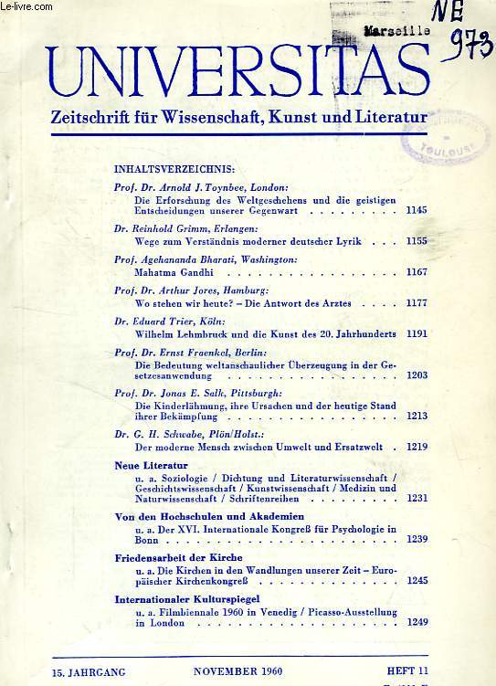 UNIVERSITAS, 15. JAHRGANG, HEFT 11, NOV. 1960, ZEITSCHRIFT FUR WISSENSCHAFT, KUNST UND LITERATUR