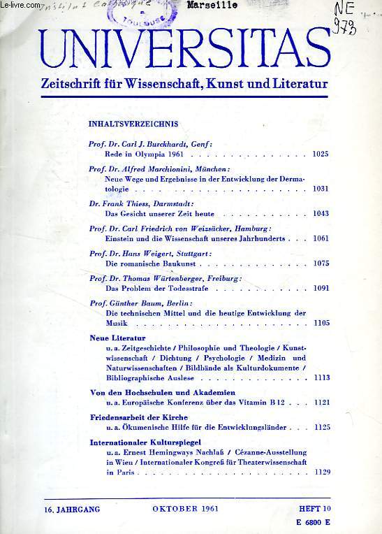 UNIVERSITAS, 16. JAHRGANG, HEFT 10, OKT. 1961, ZEITSCHRIFT FUR WISSENSCHAFT, KUNST UND LITERATUR