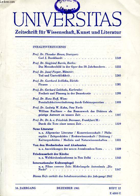 UNIVERSITAS, 16. JAHRGANG, HEFT 12, DEZ. 1961, ZEITSCHRIFT FUR WISSENSCHAFT, KUNST UND LITERATUR