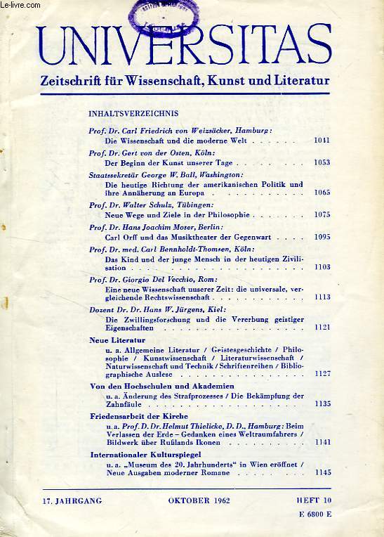 UNIVERSITAS, 17. JAHRGANG, HEFT 10, OKT. 1962, ZEITSCHRIFT FUR WISSENSCHAFT, KUNST UND LITERATUR