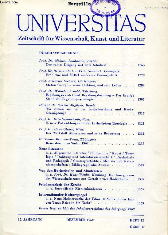 UNIVERSITAS, 17. JAHRGANG, HEFT 11, NOV. 1962, ZEITSCHRIFT FUR WISSENSCHAFT, KUNST UND LITERATUR
