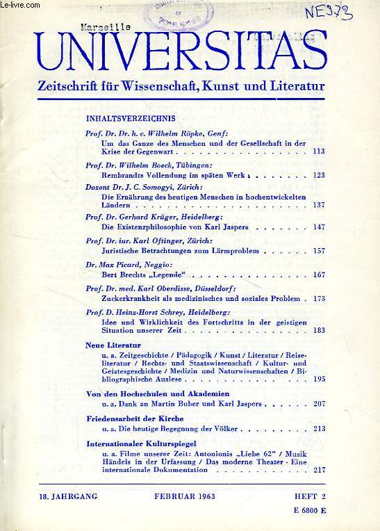 UNIVERSITAS, 18. JAHRGANG, HEFT 2, FEB. 1963, ZEITSCHRIFT FUR WISSENSCHAFT, KUNST UND LITERATUR
