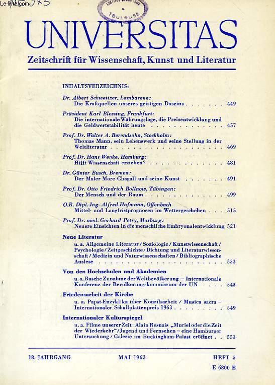 UNIVERSITAS, 18. JAHRGANG, HEFT 5, MAI 1963, ZEITSCHRIFT FUR WISSENSCHAFT, KUNST UND LITERATUR