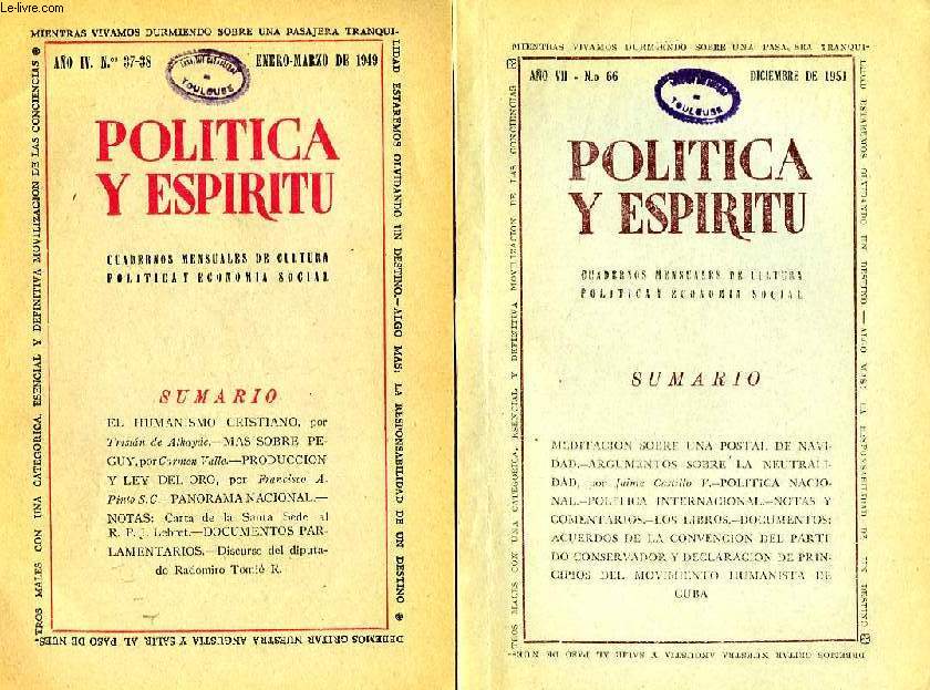 POLITICA Y ESPIRITU, 19 NUMEROS, 1949-1951, CUADERNOS MENSUALES DE CULTURA POLITICA Y ECONOMIA SOCIAL (INCOMPLET)