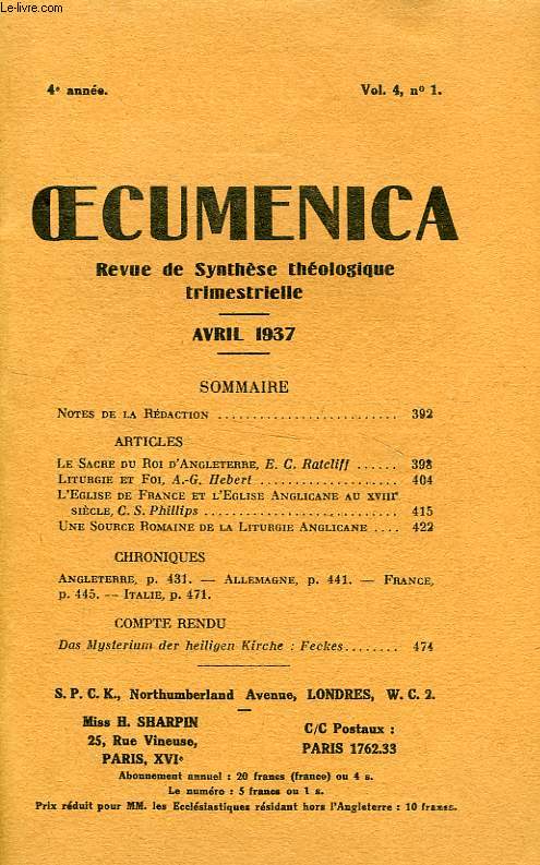 OECUMENICA, 4e ANNEE, N° 1, AVRIL 1937, REVUE DE SYNTHESE THEOLOGIQUE TRIMESTRIELLE