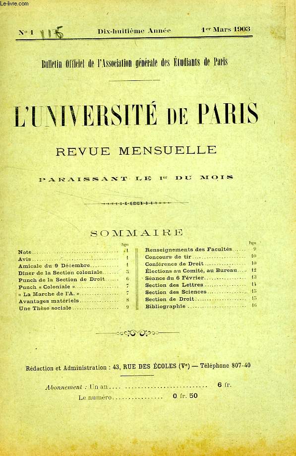 L'UNIVERSITE DE PARIS, 18e ANNEE, N 115, MARS 1903
