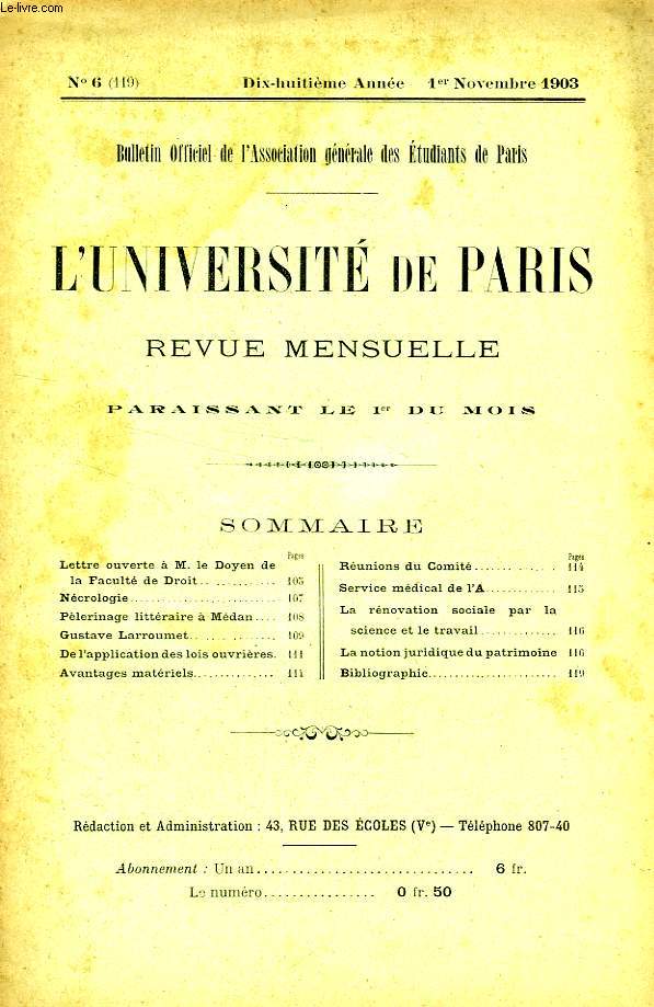L'UNIVERSITE DE PARIS, 18e ANNEE, N 119, NOV. 1903