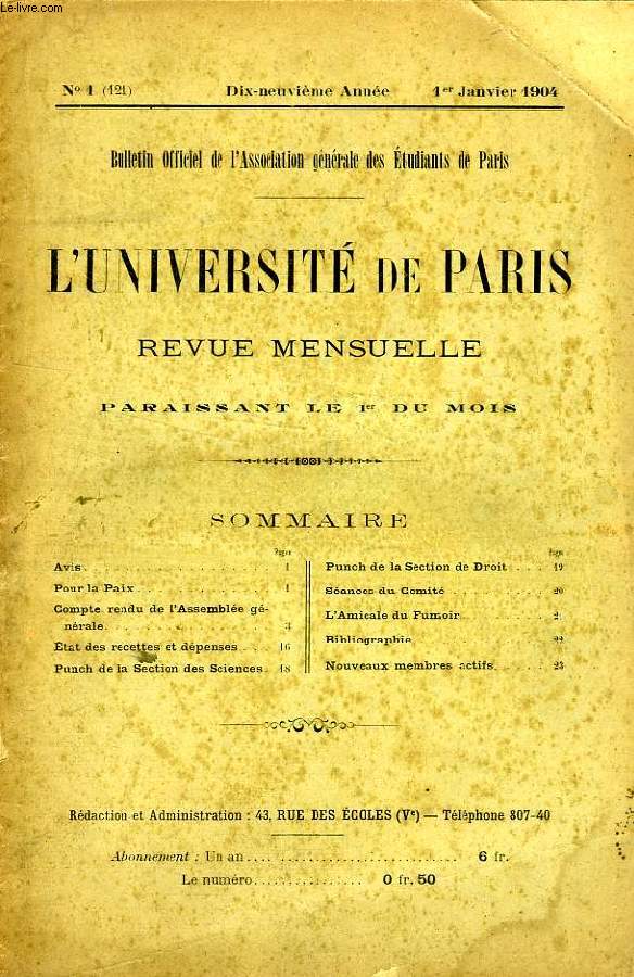 L'UNIVERSITE DE PARIS, 19e ANNEE, N 121, JAN 1904
