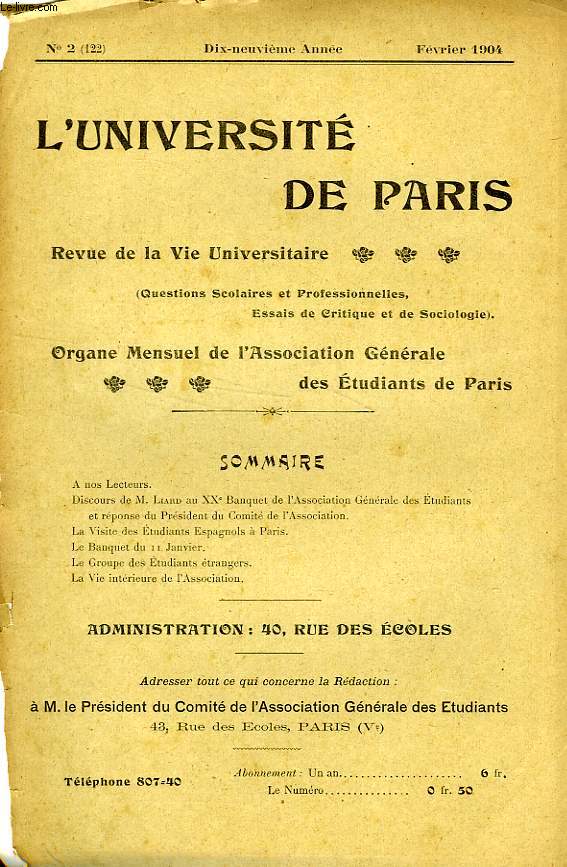 L'UNIVERSITE DE PARIS, 19e ANNEE, N 122, FEV. 1904