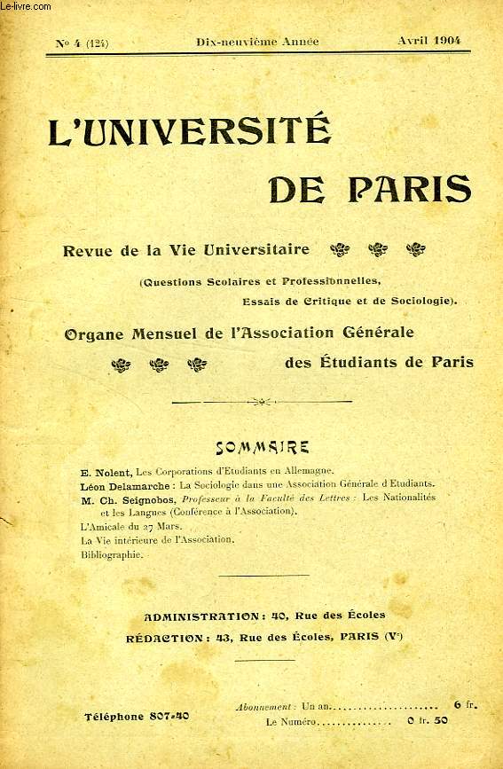 L'UNIVERSITE DE PARIS, 19e ANNEE, N 124, AVRIL 1904