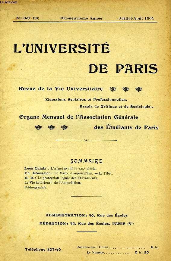 L'UNIVERSITE DE PARIS, 19e ANNEE, N 128, JUILLET-AOUT 1904