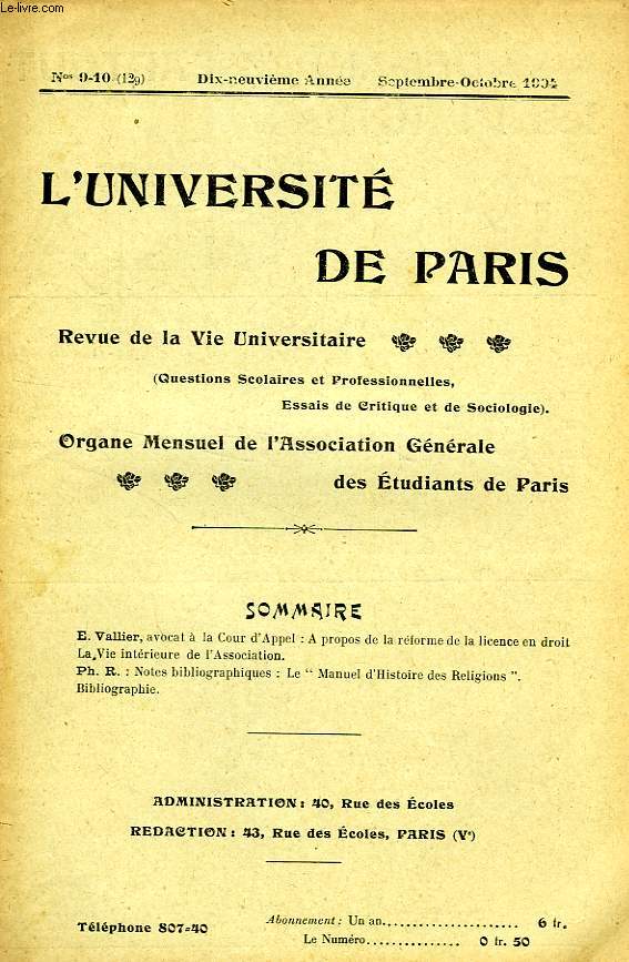 L'UNIVERSITE DE PARIS, 19e ANNEE, N 129, SEPT.-OCT. 1904