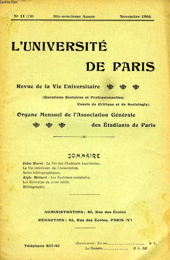 L'UNIVERSITE DE PARIS, 19e ANNEE, N 130, NOV. 1904