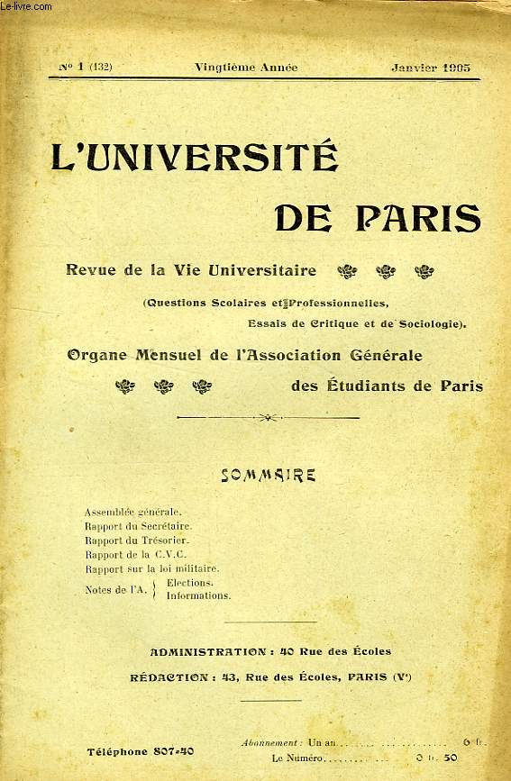 L'UNIVERSITE DE PARIS, 20e ANNEE, N 132, JAN. 1905