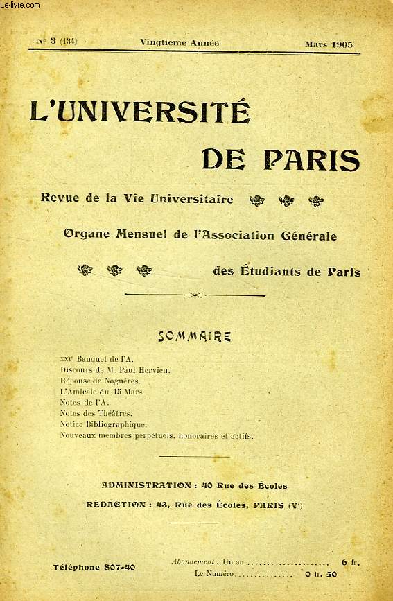 L'UNIVERSITE DE PARIS, 20e ANNEE, N 134, MARS 1905