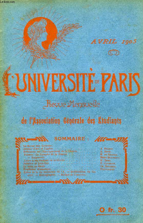 L'UNIVERSITE DE PARIS, 20e ANNEE, N 4 (NOUVELLE SERIE), AVRIL 1905