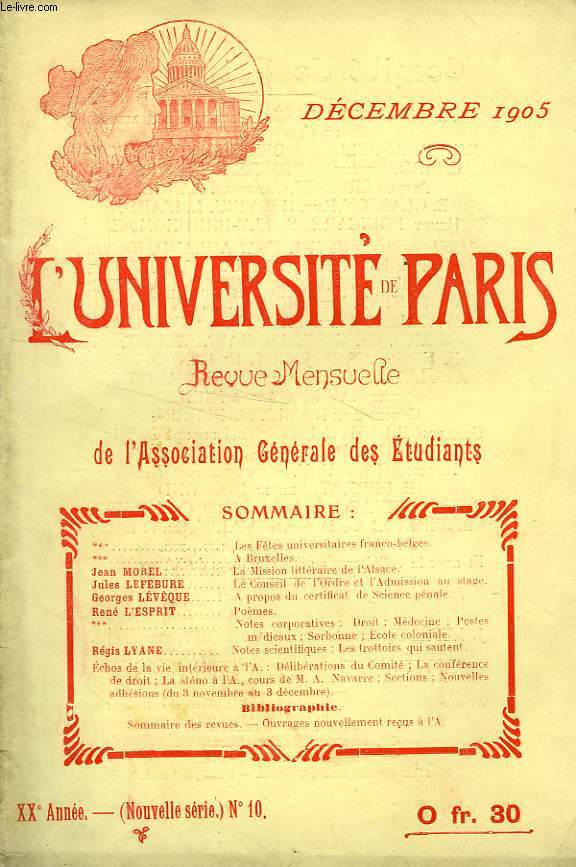 L'UNIVERSITE DE PARIS, 20e ANNEE, N 10 (NOUVELLE SERIE), DEC. 1905