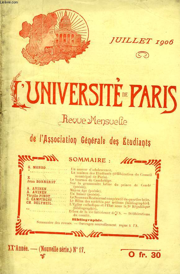 L'UNIVERSITE DE PARIS, 21e ANNEE, N 17 (NOUVELLE SERIE), JUILLET 1906