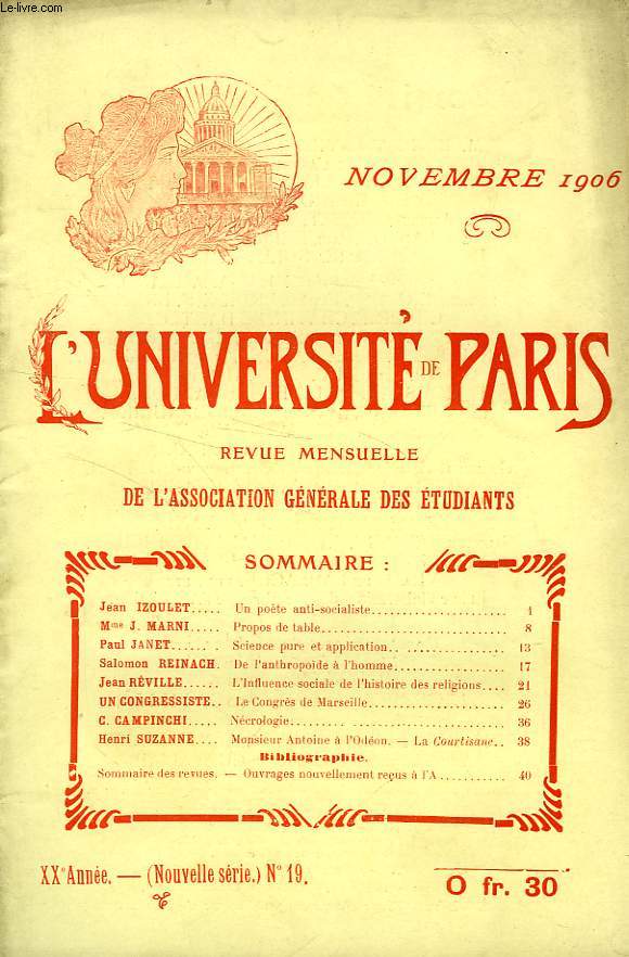 L'UNIVERSITE DE PARIS, 21e ANNEE, N 19 (NOUVELLE SERIE), NOV. 1906