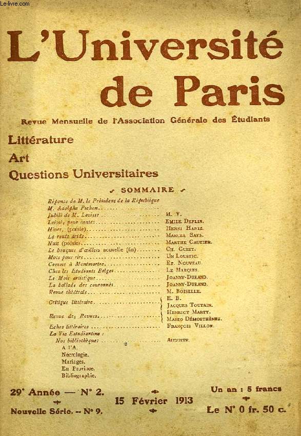 L'UNIVERSITE DE PARIS, 29e ANNEE, N 2, FEV. 1913