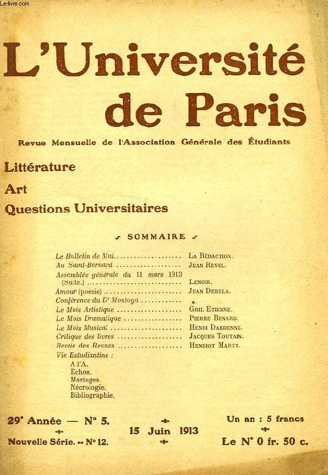 L'UNIVERSITE DE PARIS, 29e ANNEE, N 5, JUIN 1913