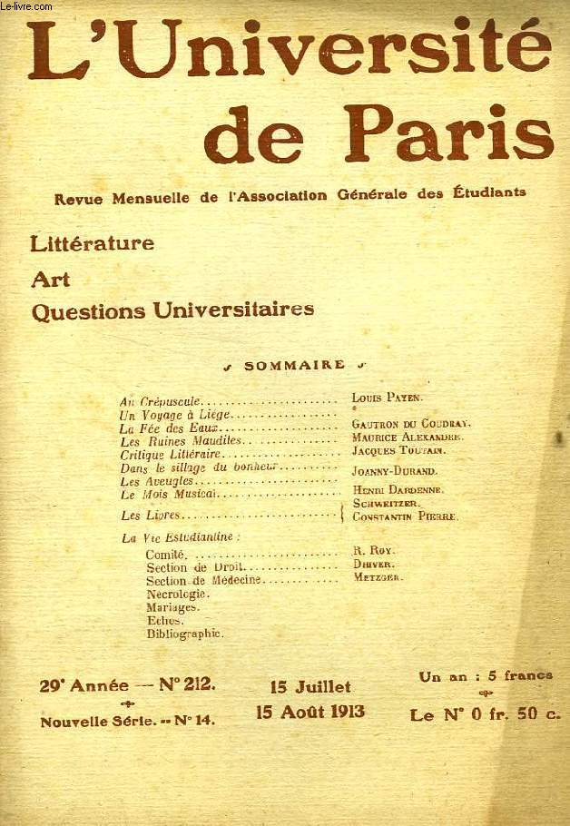 L'UNIVERSITE DE PARIS, 29e ANNEE, N 212, JUILLET 1913